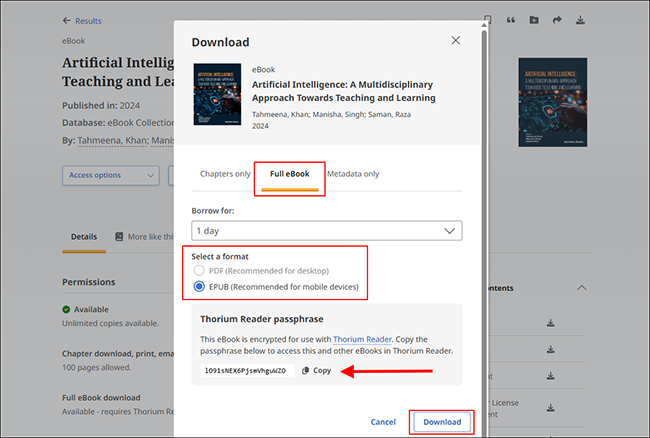 screenshot of eBook download window